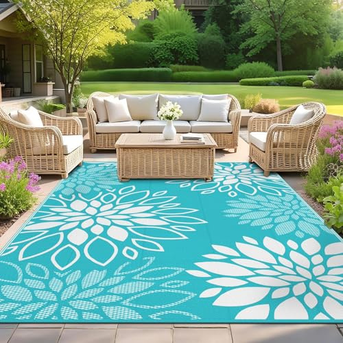 SHACOS Outdoor Teppich Wetterfest, Wendbarer Vorzeltteppich UV-Beständig, Balkon Teppich Leicht Kunststoff, für Camping Wohnmobil Garten Terrassen, Blumen Türkisgrün, 150 x 240 cm
