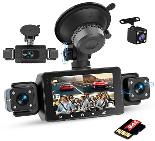 Inefala Full HD 1080P Dash Cam con Quattro Videocamera per Auto 4 Canali 360°, 3'' Schermo con 64GB di Memoria e 8 IR Visione Notturna, Registratore di Viaggio con G-Sensor e Monitoraggio Parcheggio