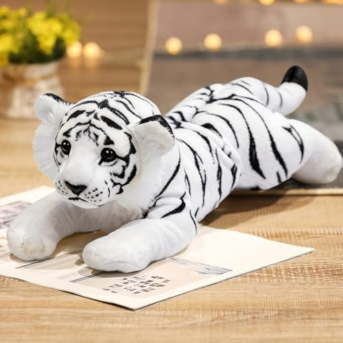 TRAVELKNOT Mittelgröße Weißer Tiger Kuscheltier 48CM, Weißer Tiger Plüsch | Niedliches weißer tiger plüschtier, realistic weich stofftier, geburtstagsgeschenk für kinder jungen mädchen, heimdekoration