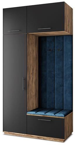Masseno Flugarderoben Set Rema, Kleiderschrank-Set mit Sitzbank, Garderobenschrank Flur mit 5 Regalböden, Eiche Lefkas/Schwarz