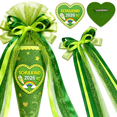 Scinzene Schultüte Schleife Grün mit Schulkind 2026 Anstecker, 2-teiliges Schultütenschleife Set, Zuckertüten Schleife für Einschulung Deko, Mädchen und Jungen, 20x60cm Schultüte Zubehör