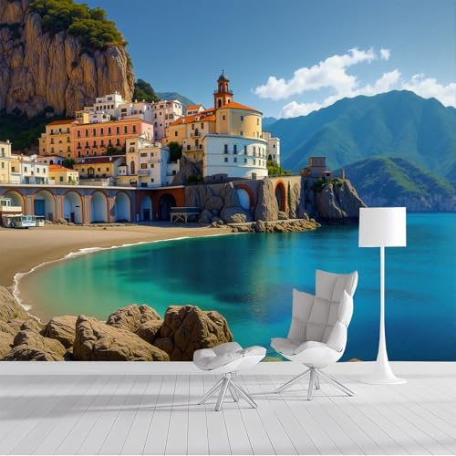 Fototapete Mediterrane Küstenlandschaft Tapete Stadthäuser Am Meer Tapeten Vliestapete Modern Wandtapete Wohnzimmer Schlafzimmer Blau Wanddeko Motivtapeten 250×175 Cm