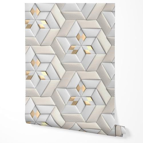 GP TONER Vliestapete 3D Geometrisches Muster Weiß Gold Modern Wandtapete Wohnzimmer Schlafzimmer Flur Hexagon Design Struktur Optik Tiefeneffekt Luxuriöses Design UV-beständige Tapete 10m x 0,5m
