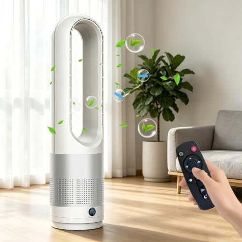 CFITANK Rotorloser Ventilator mit Fernbedienung, cooling ace Lüfter, Luftkühler, mobiles Klimagerät, 8 Gänge, 80° Oszillation, 8H Timer, Energiesparend Bladeless Fan für Schlafzimmer Zuhau