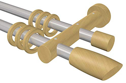 Flairdeco Gardinenstange 20 mm Ø, 2-läufig, Typ Ellipse, Metall/Holz, Silber-Grau/Buche lackiert, 480 cm (geteilt 2x240 cm)