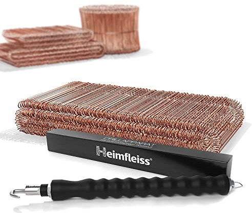 Heimfleiss® Drillapparat Driller + verkupfertem Rödeldraht 1,0 x 100-160 mm (500 Stk.) - hochwertiges Set aus Drahtbinder Rödelzange & Bindedraht Sackverschluss - Drahtverschluss Ösendraht Drill Draht