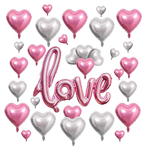 30 Pezzo Palloncini Cuore LOVE Palloncini, Argento Rosa Palloncini a Forma di Cuore, Romantico Amore Decorazioni per San Valentino Matrimoni Fidanzamento Anniversari Compleanno Festa, 5 10 18 Pollici