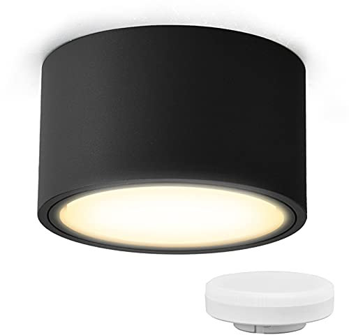 KYOTECH LED Aufbauspot Schwarz Flach 230V Ø95x55mm Aufputz inkl. 6W GX53 Leuchtmittel warmweiß 3000K 550LM Decken Aufbaustrahler mit großer Leuchtfläche LED Aufputz Spotleuchte Rund