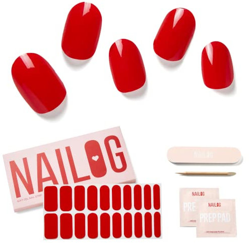 Nailog UV Gel Nagelfolie - 20 Stück Rot Nagelfolie uv härtend - Vegan langanhaltend - Nagelsticker selbstklebend Gel Strips für Maniküre in Salonqualität,Geschenke für Frauen,Mädchen(Rouge)