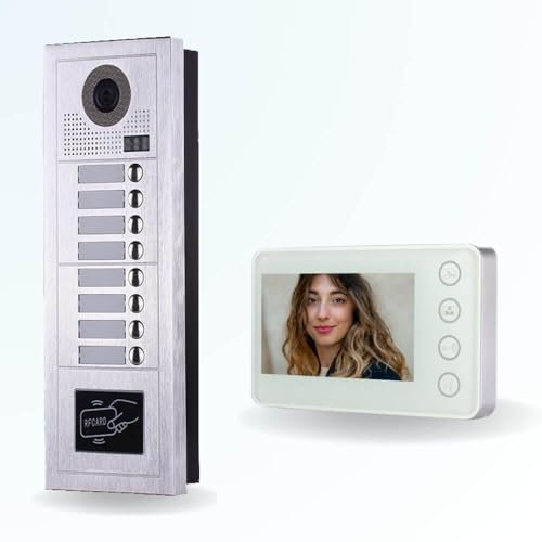 BT Security Portier interphone vidéo Modern 2 Fils - 8 Appartements - 8 écrans Blancs - avec Lecteur de Badge