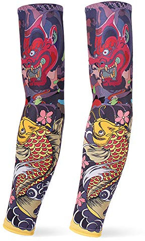 DETUCK Tattoo Ärmel Ärmlinge Arm Ärmel, Armwärmer Sleeves UV Sonnenschutz Armstulpen, Arm Sleeves Kühlung UPF 50+, Kompressions Tattoo Cover Armstulpen (ein Paar) (Gelber Karpfen, L)