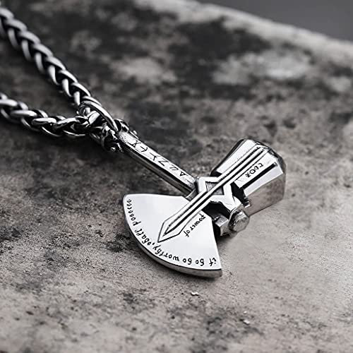 YABEME Viking Thors Hammer Mjolnir Axt Anhänger Halskette, Vintage Edelstahl Nordischen Talisman Rune Amulett Hypoallergener Schmuck, mit 24 Zoll Kielkette,Axe
