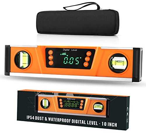2PM TOOLS 10-Inch Digital Torpedo Level and Protractor | Neodymium Magnets | Bright LED Display | V-GROOVE MAGNETIC BASE | IP54 Dust/Water Resistant smart level with Carrying Bag, Orange, (L305)