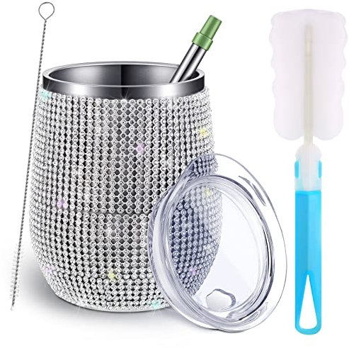 Bling Wasserflasche Bling Cup Diamant Tumbler Strass für Tumbler Glitzer Weinglas Tumbler Mädchen Trip Cups, Strohhalm Pinsel und Tassenpinsel für Wein, Kaffee, Cocktails, Champaign (Silber)