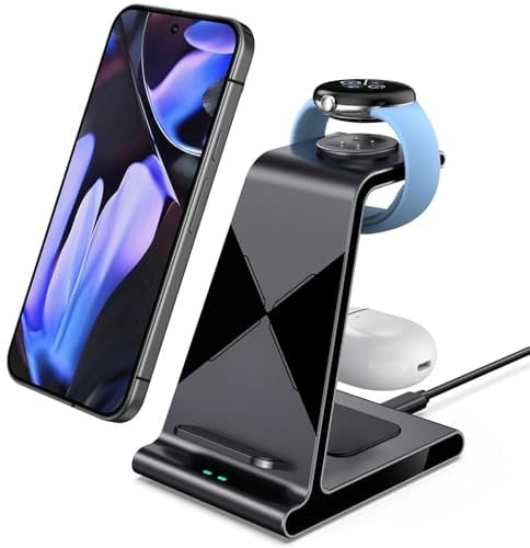 Wireless Charger Stand for Google Pixel Watch 3/2, 3 in 1 Wireless Charging Station for Pixel 9a/9 Pro/9 Pro XL/9/8a/8 Pro/8/Pixel 7/7a/7 Pro/6, Fitbit Versa 4/3 & Pixel Buds Pro/2 (No Adapter)