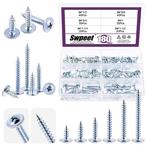 Swpeet Assortiment de 180 vis à bois à tête bombée modifiée, 6 tailles #8 x 1/2, 5/8, 3/4, 1/4, 1-1/2 Phillips en alliage de zinc bleu et blanc