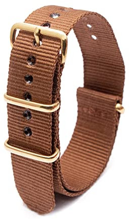 Elegantyl Uhrenarmband aus Nylon mit goldener Schnalle, Nylonstreifen, Uhrenzubehör, 18mm, 20mm, 22mm, 24mm, Braun, 20mm