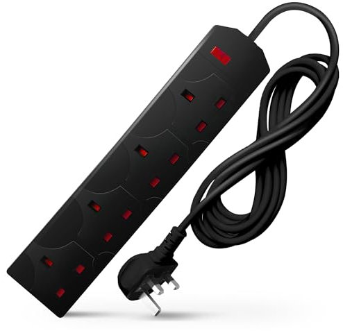DESIRETECH Black Electric Extension Lead - 4 Gang, 5 Metre Cable with UK Plug & 3 Pin Socket - Wall Mountable & Multi Socket Mains Strip for Home, Bedroom, Kitchen, & Office (1 Pack)