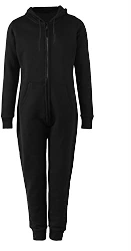 Fashion Star Womens Plain Hoody Onesie Hooded Jumpsuits Long sleeve Zip Pajamas wear Plus Size (UK 24/26) Onesie Black