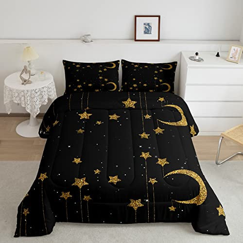 Homewish Bettwäsche-Set mit goldenen Sternen und Mond, Queen-Size-Größe, Sternenhimmel, Bettwäsche-Set für Kinder, Jungen, Mädchen, Schlafzimmer, Dekoration, Gold und Schwarz, Bettdecke,