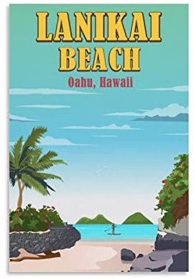 ONOTIO Lanikai Beach Oahu Hawaii Vintage Reiseposter See 20 x 30 cm Wandkunstdruck Leinwandkunst Poster Moderne Familie Schlafzimmer Dekor Poster