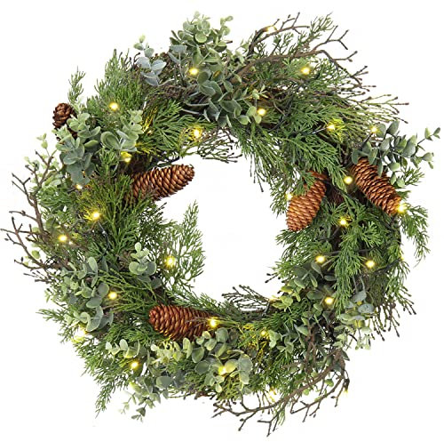 Christmas Wreath for Front Door, 45cm/18’’ Xmas Artificial Hanging Wreath Decorations with 30 LED lights, Pine Cones, Eucalyptus Leaves, Pre Lit Ornaments for Wall, Home Decor
