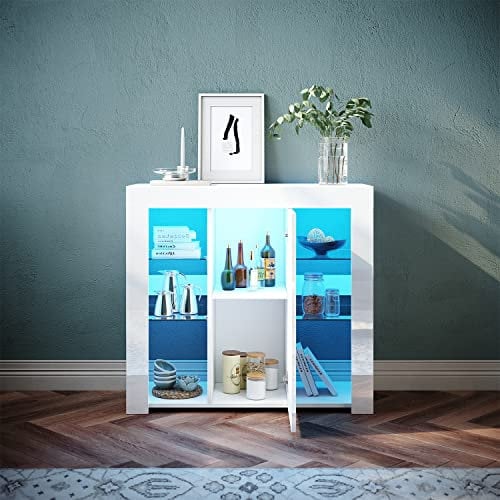 SONNI Sideboard, Küchenschrank, mit LED Beleuchtung(12 Farben können eingestellt Werden) Weiß Hochglanz Aufbewahrungsschrank, für Küche,Wohnzimmer,Esszimmer, 90(B)*35(T)*83(H) cm