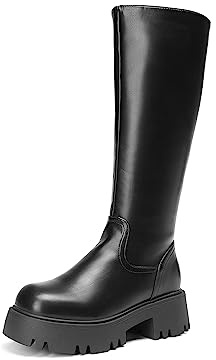DREAM PAIRS Knee High Platform Chunky Boots for Women | Round-Toe, Side Zipper, Elastic Panel, Slip-resistant TPR Lug Outsole, Soft Resilient Lining