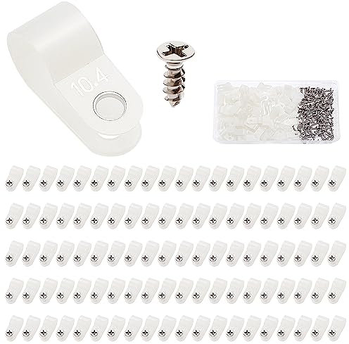 VooGenzek 100 Pezzi 10.4mm (3/8 Pollice) R-tipo Cavo Clip Fascetta, Morsetti per Cavi in Nylon Tipo R con 100 Pezzi Viti, per la Gestione dei Fili (Bianco)