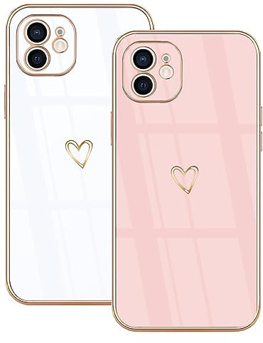 Lonrapa 2 Stück iPhone 11 Handyhülle Süße Herz Muster Motiv Hülle für Mädchen Frauen Farbe Galvanisierte Weich TPU Bumper Silikon Stoßfest Schutzhülle iPhone 11 6,1 Zoll Case Cover - Weiß & Rosa