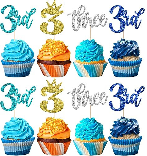SYKYCTCY 24 Pack 3rd Birthday Cupcake Toppers Glitter Third Birthday Cupcake Picks Three Cupcake Picks With Crown Happy Birthday Cake Decorations for Baby Shower Anniversary Party Supplies Multi