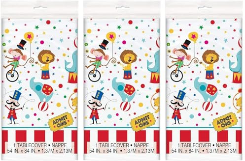 Unique Party 72473 - Carnival Circus Party Plastic Tablecloth, 7ft x 4.5ft (Pack of 3)