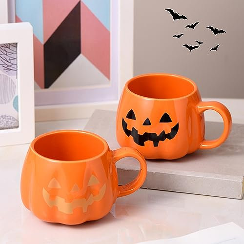GUAHKUN Halloween Kürbis Tasse, Kürbis Deko Keramik Kaffeetasse, Herbstdeko Kürbis Tasse, 400 ml Halloween Deko Kürbis Tasse, Kürbis Tasse für Kaffee, Milch, Tee, Getränke, (2pcs)