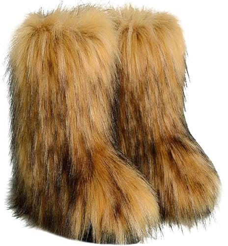 VALPEAKER Fluffy Faux Fur Snow Boots for Women,Furry Warm Winter Boots,Mid-Calf Flat(brown5)