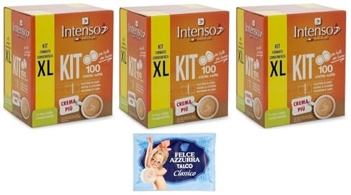 3er-Pack Intenso Caffè in Cialde KIT XL Crema Più,100 Kaffeepads + Holzlöffel + Pappbecher + Zuckerbeutel + 1er-Pack Kostenlos Felce Azzurra Talkumpuder, 100g-Beutel