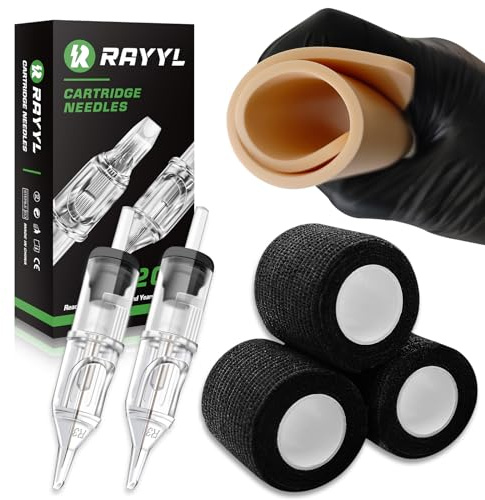 Kunsthaut Tattoo und Tattoo Grip Tape Set, Rayyl 2pcs Tattoo Übungshaut 3MM 3pcs Tattoo Griff Bandage und 20pcs Cartridge 1203RL für Tattoo Zubehör