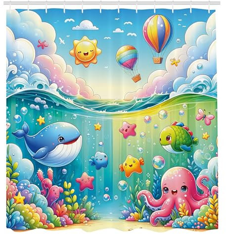 ABAKUHAUS Mariner Cartoon Duschvorhang, Bunte Unterwasserwelt mit aquatischen Tierfiguren Sonne Ballons, Stoffliches Gewebe Badezimmerdekorationsset mit Haken, 175 x 240 cm, Türkis Mehrfarbig