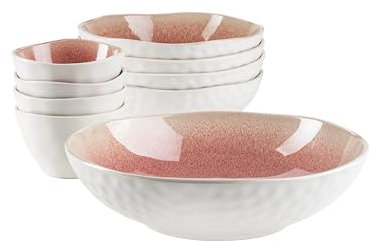 MÄSER 934114 Serie Frozen, 9-teiliges Bowl Set aus schöner Keramik, 1 Salatschüssel, 4 Ramen Schalen und 4 Dip Schälchen, organische Formen im Vintage Look, händisch lasiert, Steinzeug, Weiss