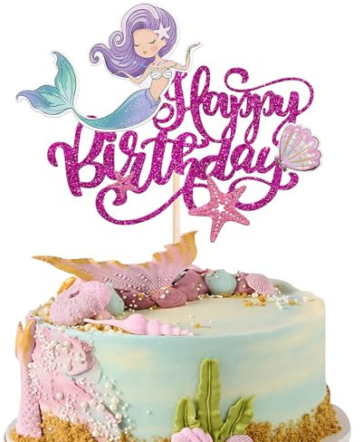 Xsstarmi 1 Pack Mermaid Happy Birthday Cake Topper Purple Shell Starfish Cake Mermaid Cake Pick Decoration for Under the Sea Baby Shower Mermaid Happy Birthday Party Cake Decorations