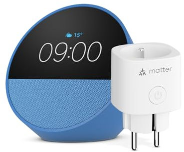 Echo Spot | Bleu + Meross Prise Connectée Matter, Fonctionne avec Alexa - Kit de démarrage Maison connectée