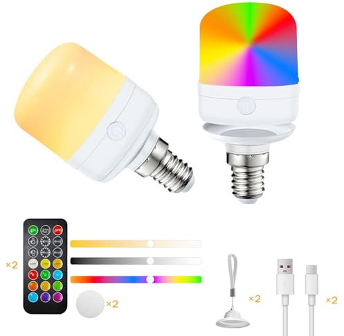 Pulsky USB-C Wiederaufladbare Glühbirne Mit Fernbedienung, E14 12 Farben Dimmbare RGB Mit Batterie, 7W Akku Mit Timing-funktion, Notlicht Mit Magnetische (2 Stück)