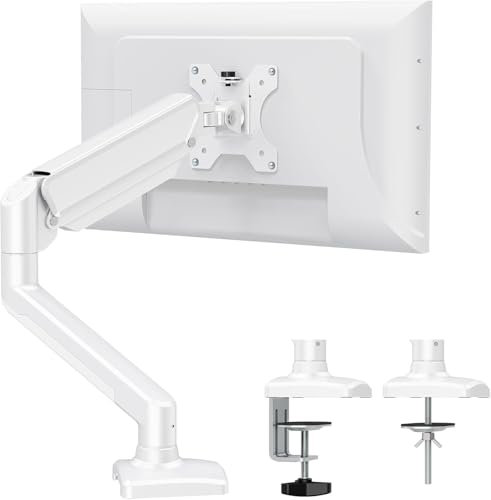 Claiks Single Monitor Arm Desk Mount for 15 to 32 Inch Screens, Monitor Arm Gas Spring up to 9kg, VESA 75/100mm Stand Clamp, Height Adjustable Screen Arm with Tilt Swivel Rotation, White