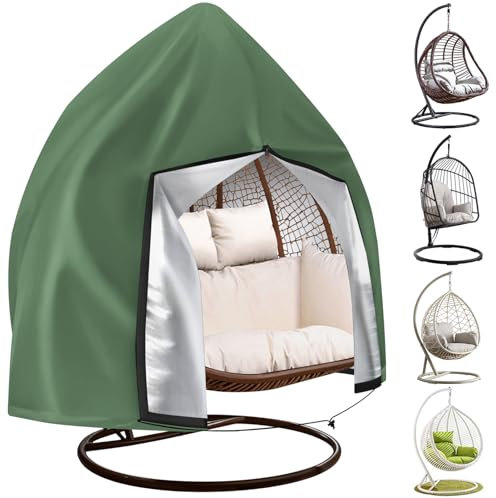 Teynewer Patio Hanging Egg Chair Cover, Outdoor 2 seat Cocoon Swing Egg Chair Cover Waterproof with Zipper, 210D Heavy Duty Veranda Garden large Cover for egg chair on stand 230 x 200 cm, Green