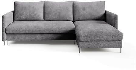Sofello BELIS Ecksofa mit Schlaffunktion L-förm Liegefläche: 201 x 150 cm Boucle-Velours-Stoff Sofa 3-Sitzer Ecksofa mit Schlaffunktion und Bettkasten (Quelle 92 - grau)
