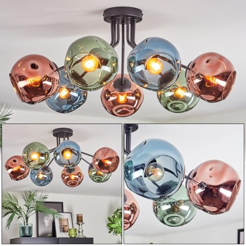 HOFSTEIN Deckenleuchte Ripoll, 7-flammige Deckenlampe aus Metall/Glas in Schwarz/Chrom/Blau/Grün/Kupfer, Leuchte im Retro/Vintage-Design, Schirme Ø 15 cm, E14, Esszimmer, Wohnzimmer, Schlafzimmer
