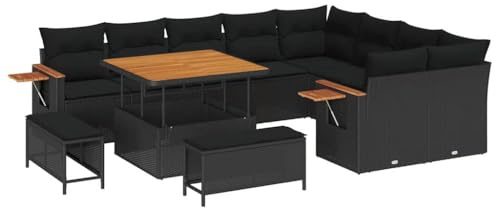 vidaXL Garten-Sofaset mit Kissen in Schwarz aus Poly Rattan und Akazienholz, mit Tisch - 5 Teile für die Terrasse und Lounge, modular, UV-beständig, modern