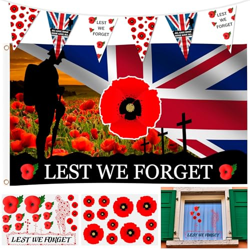 QCYFJZFU Set of 4 Remembrance Day Decorations, Lest We Forget Flag 5ft x 3ft, Remembrance Day Bunting 5m, Poppy Window Stickers 2 Sheets, Poppy Day Decorations for Outdoor Garden School