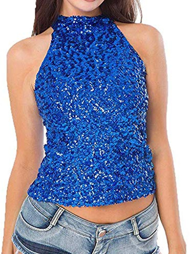 Generisch Glitzer Top Damen Pailletten Top Neckholder Pailletten Tanktop Shirt Hinten Offen Glitzer Tops Sexy Ärmellos Oberteil Festlich Bluse Shirt Slim Fit Sparkle Glitzershirt für Party