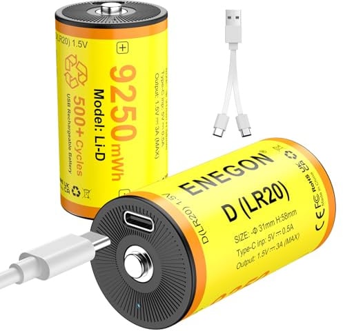 ENEGON Confezione da 2 Batterie Ricaricabili D – 9250 mWh agli Ioni di Litio D 1,5 V LR20 con Cavo USB-C (Ricarica 5V), per Auto Giocattolo Telecomandate, Lampade da Campeggio, Luci LED Portatili