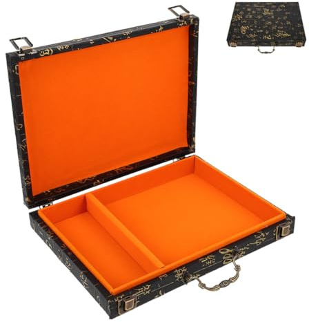 Happyyami Wooden Mahjong Storage Box 26x19cm Elegant Embossed Organizer | Large Capacity Portable Case, 3d Embossed Print Design, Mahjong Set Boys and Girls Traditional Mahjong Tiles